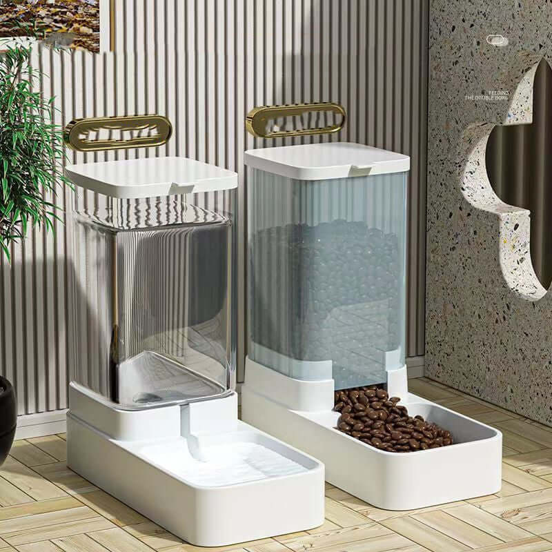 Transparent automatic pet feeder with white base being refilled